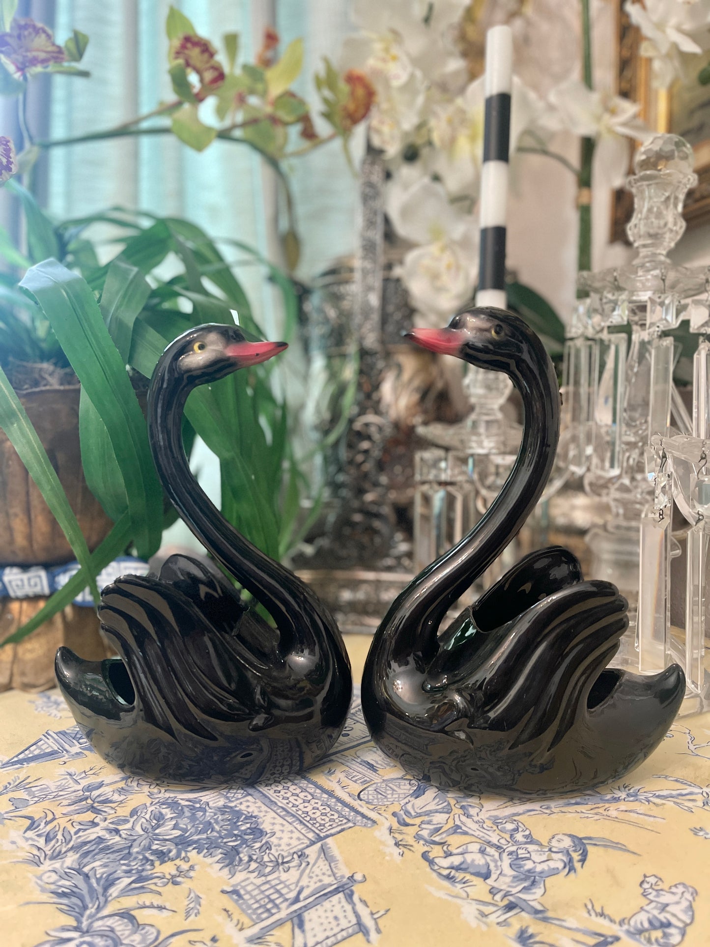 Black Swan Cache Pot Planter Pair, Mid 20th Century, Maddox Pottery