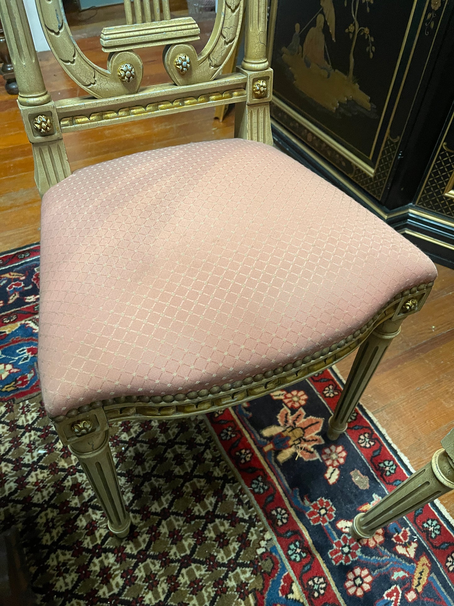 Pair of Antique Neoclassical Lyre Back Chairs – Carved Gilt Accents & Blush Upholstery *Pick Up Only*