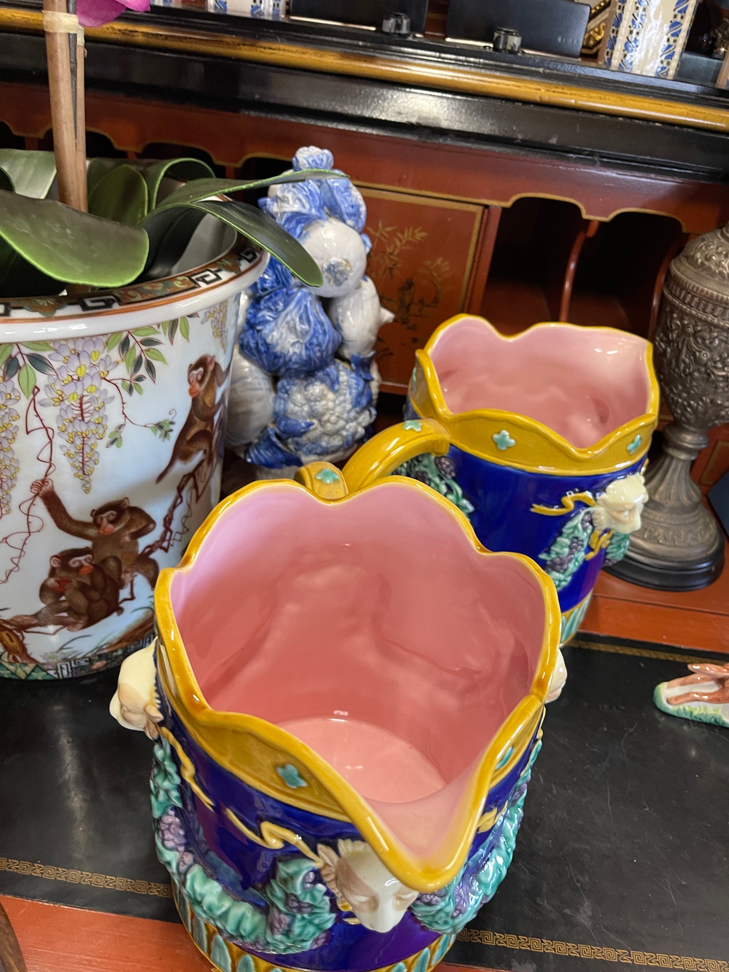 Fitz and Floyd Majolica-Style Pitcher – Monkey Head & Grape Vine Relief | In the Manner of George Jones, TWO AVAILABLE