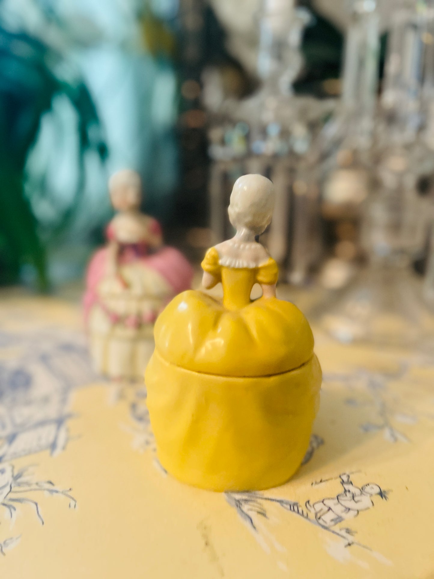 Antique German Porcelain Half-Doll Powder Box – Rococo Lady in Yellow Gown inspired by Marie Antoinette- Monte Vista Estate Drop