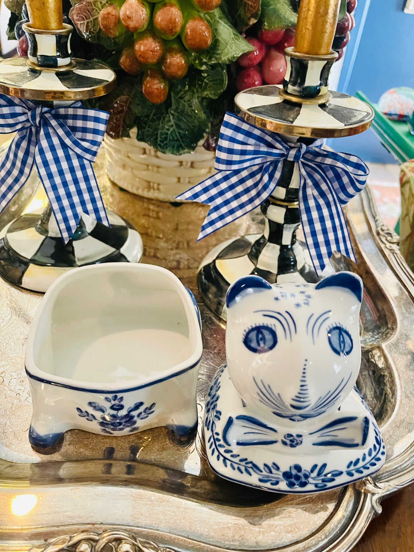 Blue and White Cat with Bow Tie Lidded Dish, Made in Portugal