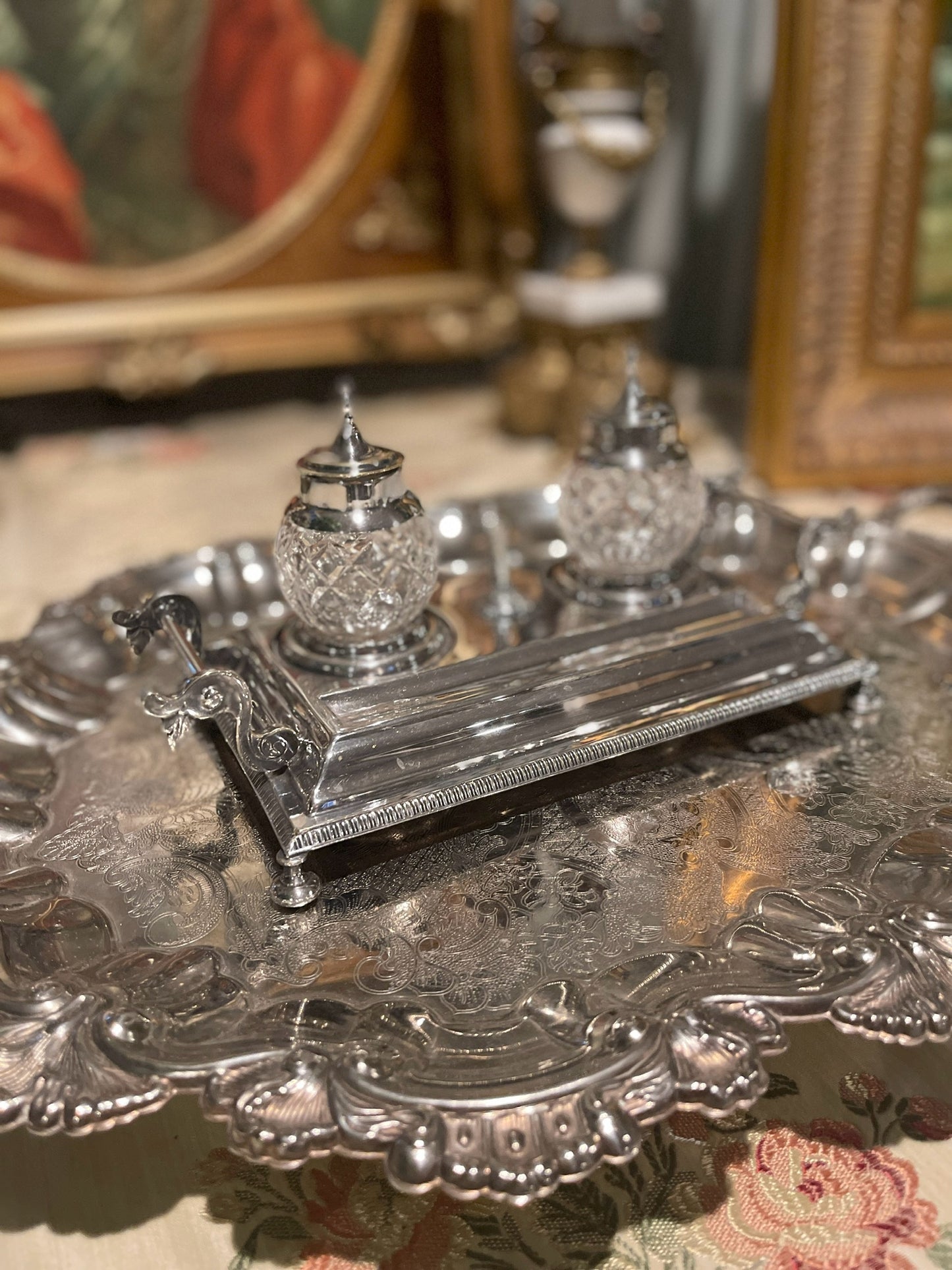 Classic Silver Plate and Cut Crystal Ink Well, Estate Decor
