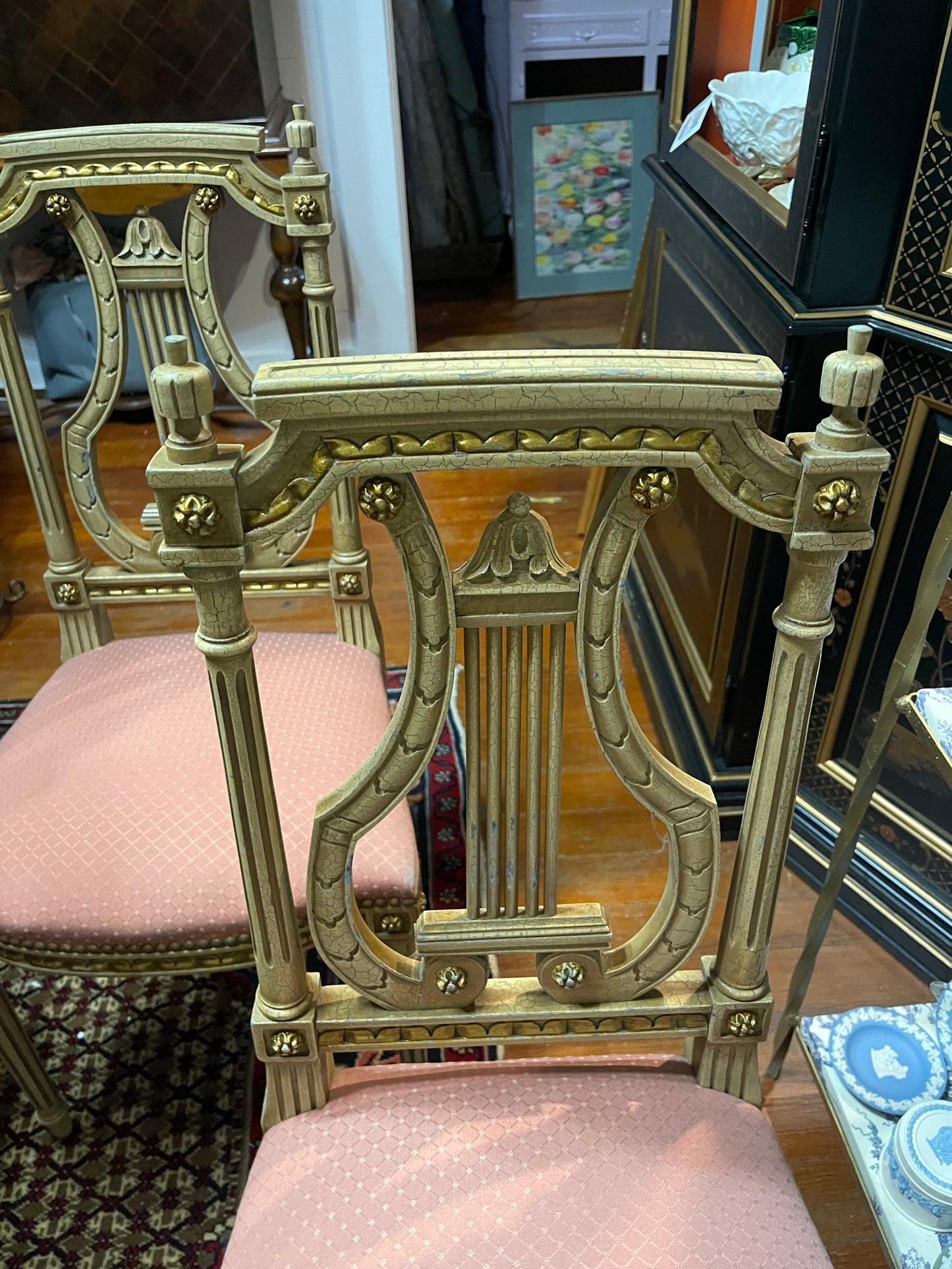Pair of Antique Neoclassical Lyre Back Chairs – Carved Gilt Accents & Blush Upholstery *Pick Up Only*