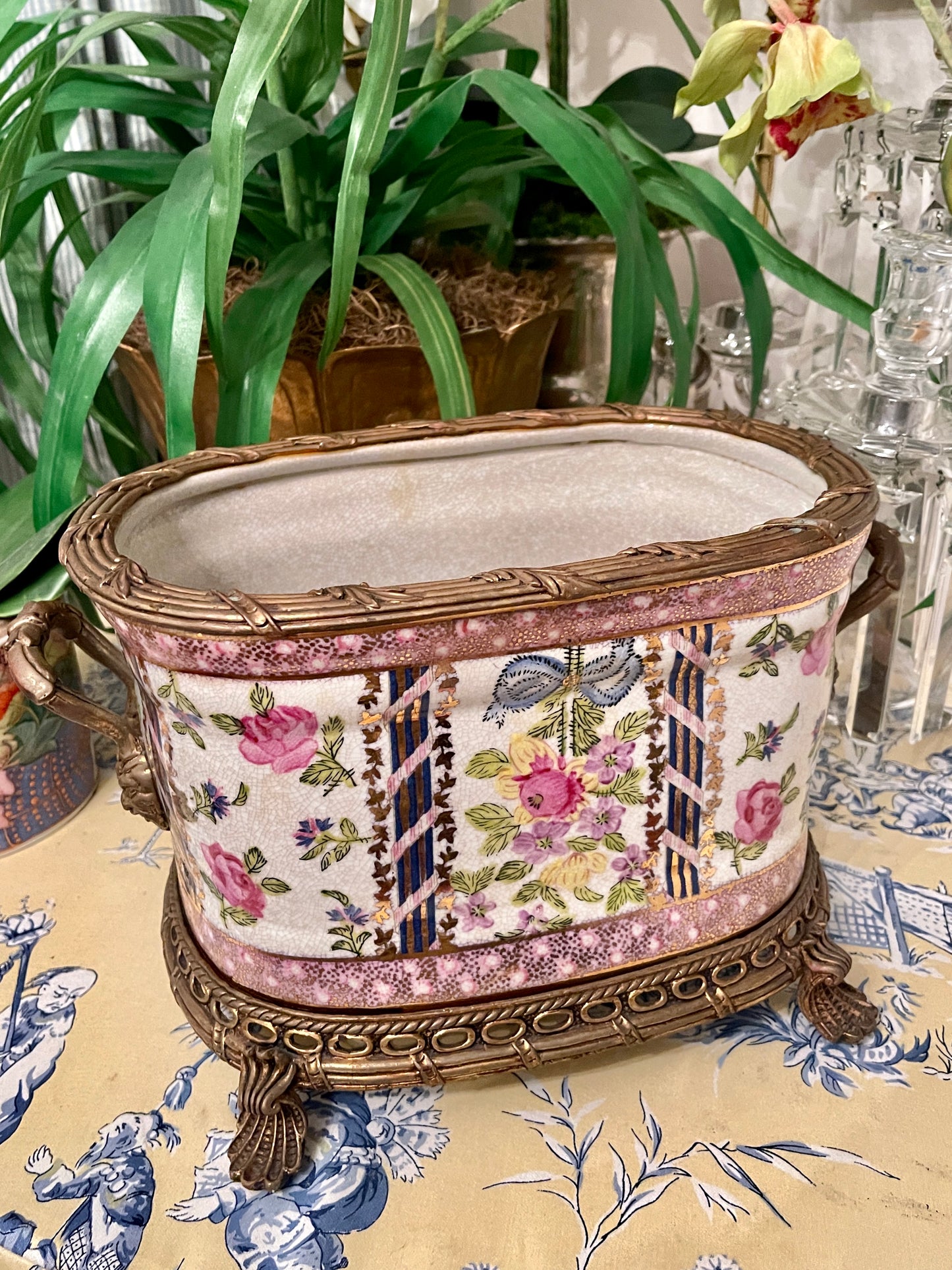 Vintage Floral Porcelain and Ormolu Shell Footed Planter, Blue Bow, Double Handled