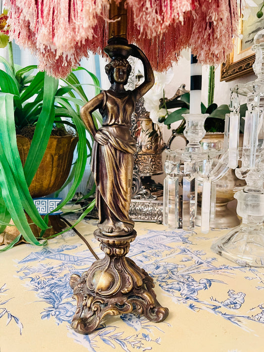 Vintage Art Nouveau Bronze Figural Table Lamp wirh Fantastic Shade