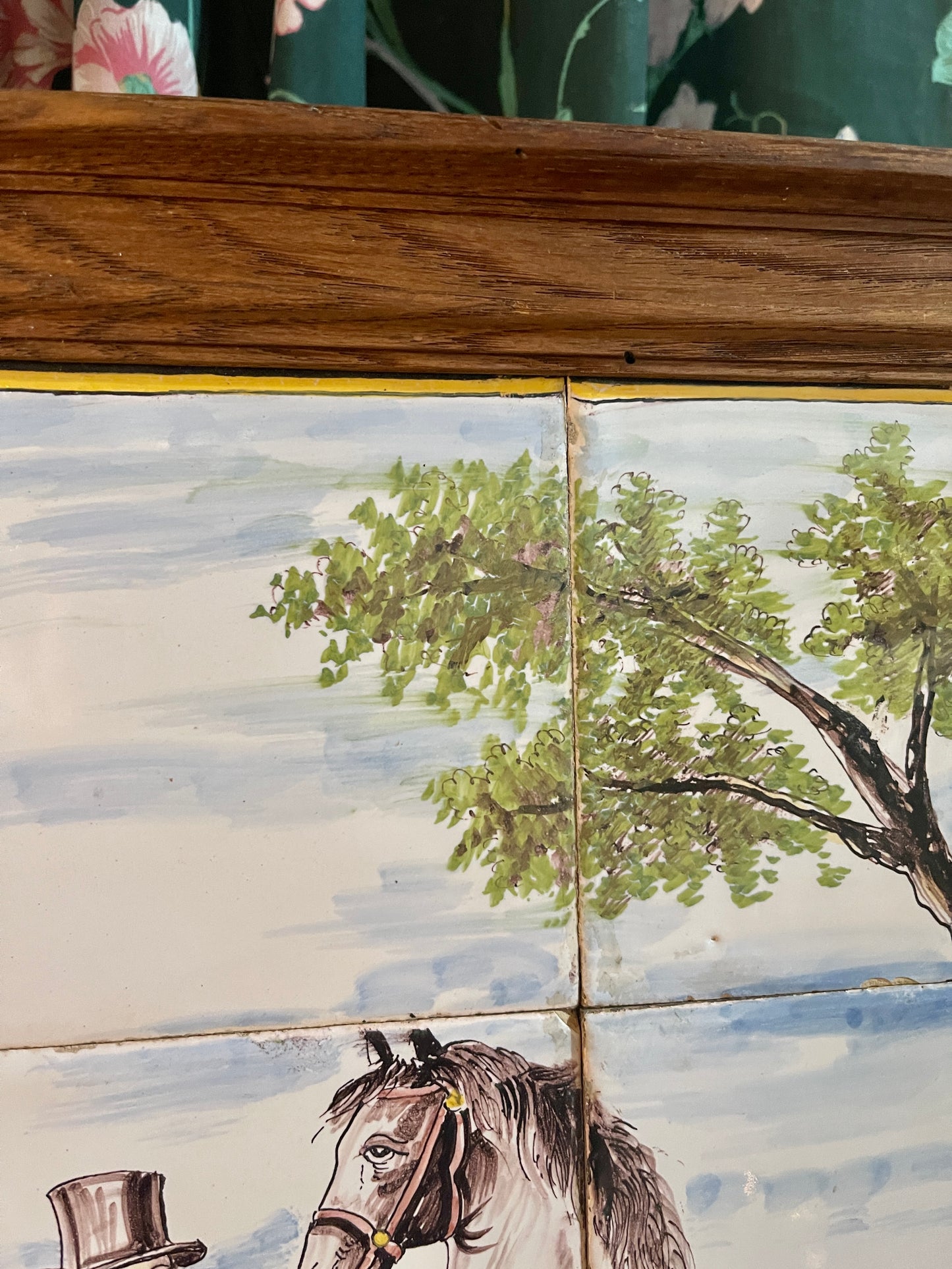 Vintage Dutch Delfware Country Tile Mural, Brass Bow Hook