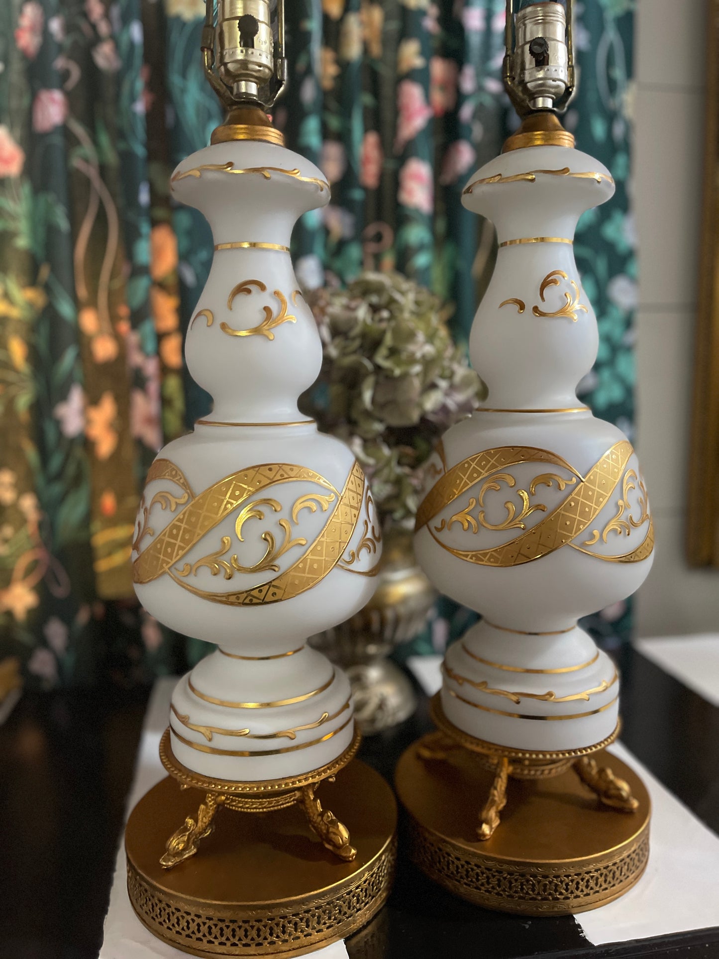 Vintage Lamps, Pair of Vintage Bohemian Satin Glass and Gold Relief Detail Table Lamps, Koi Tole Bases, Estate Decor