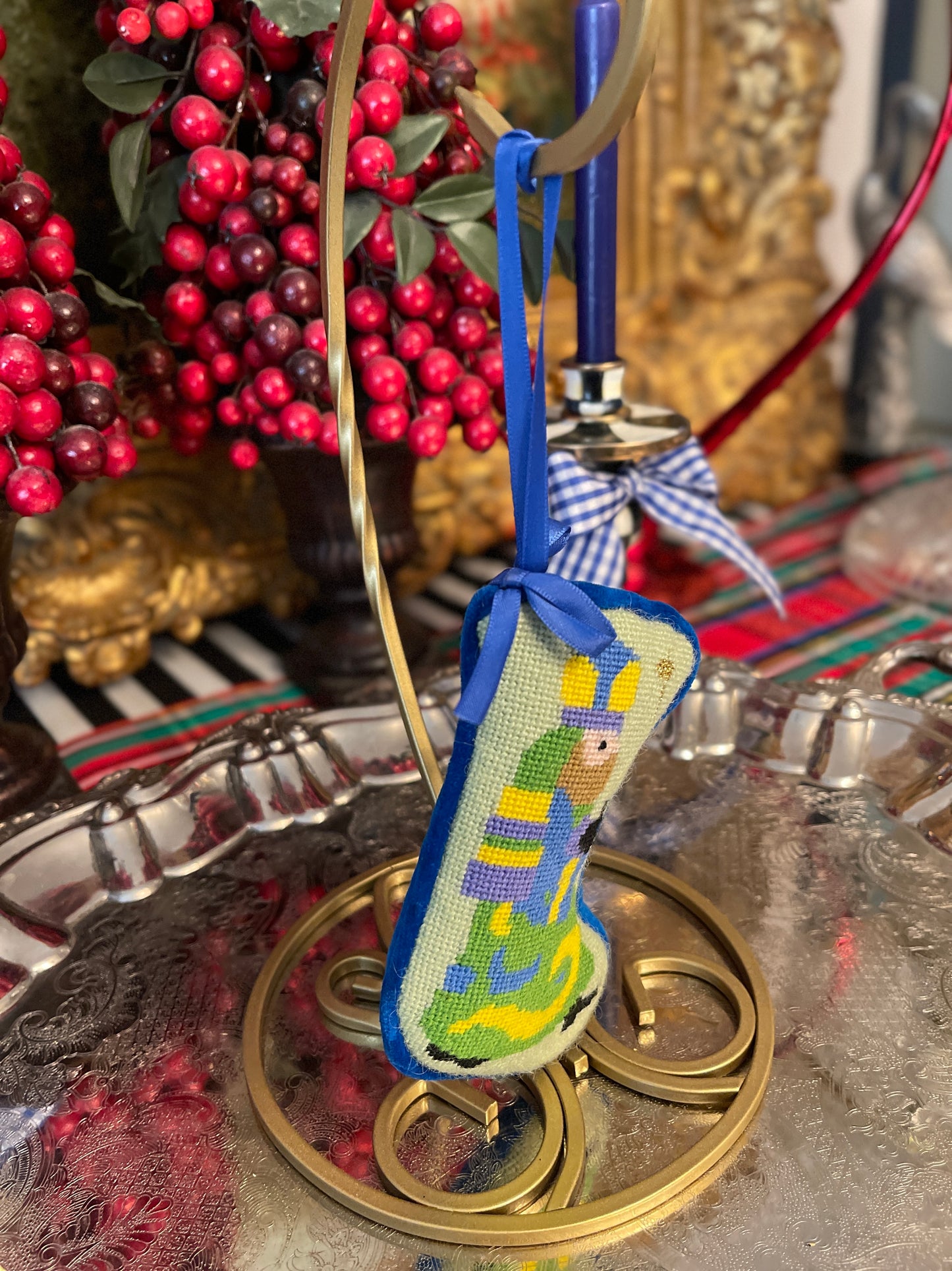 Vintage Needlepoint Stocking Ornament with a Wiseman, Blue