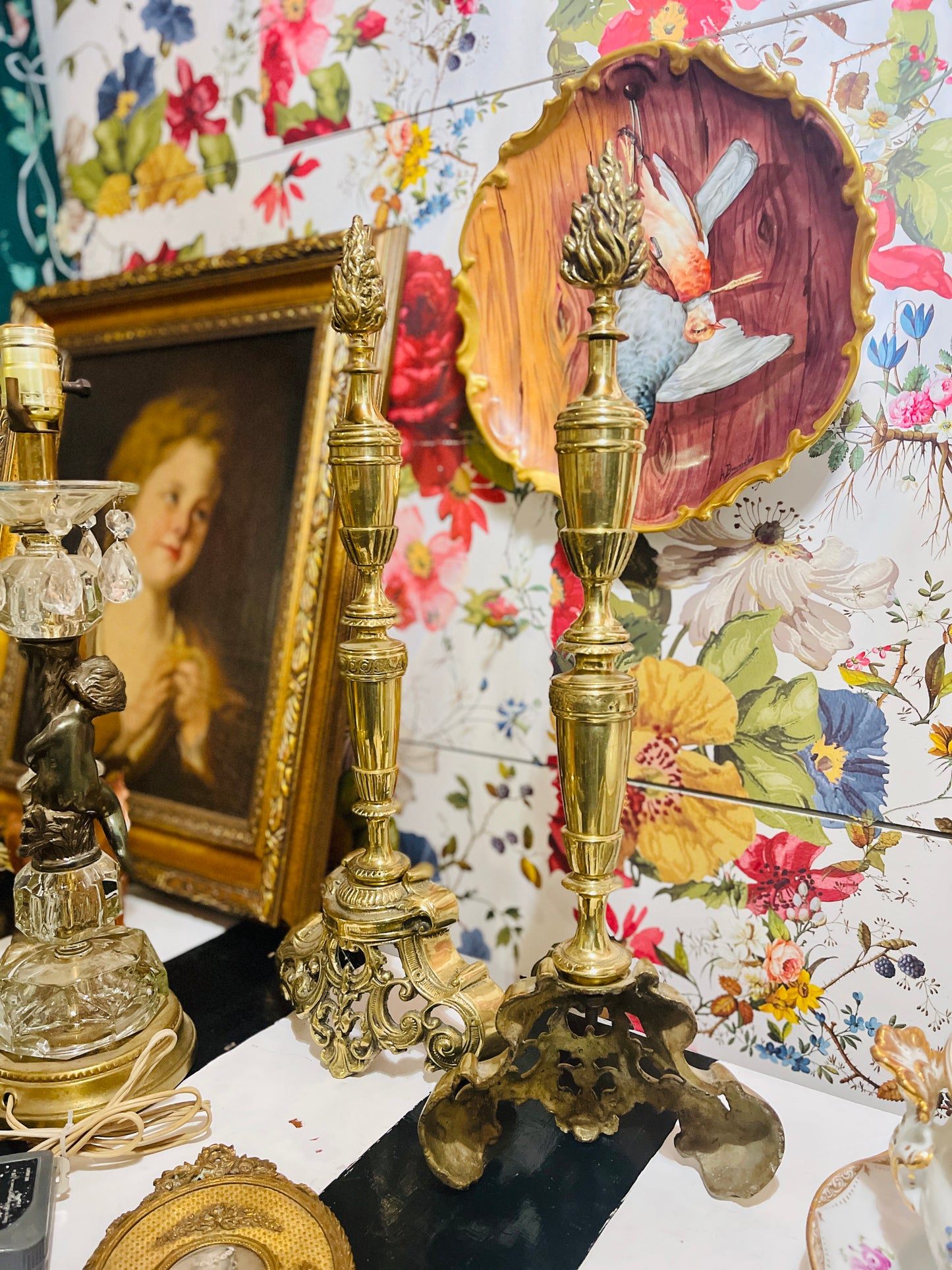 French Empire Style Ormolu Brass Andirons with Flame