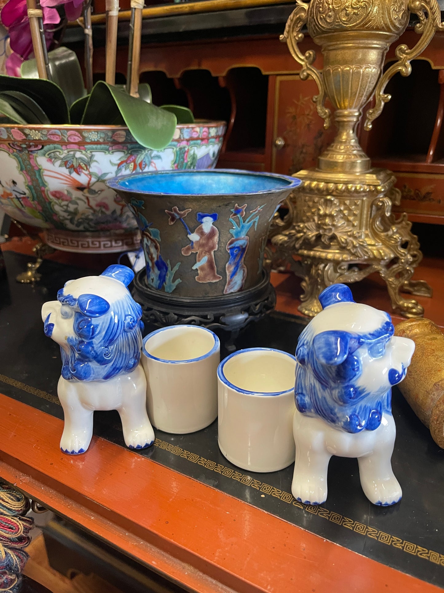 Blue and White Foo Dog Horchow Candle Holders | Chinoiserie Décor