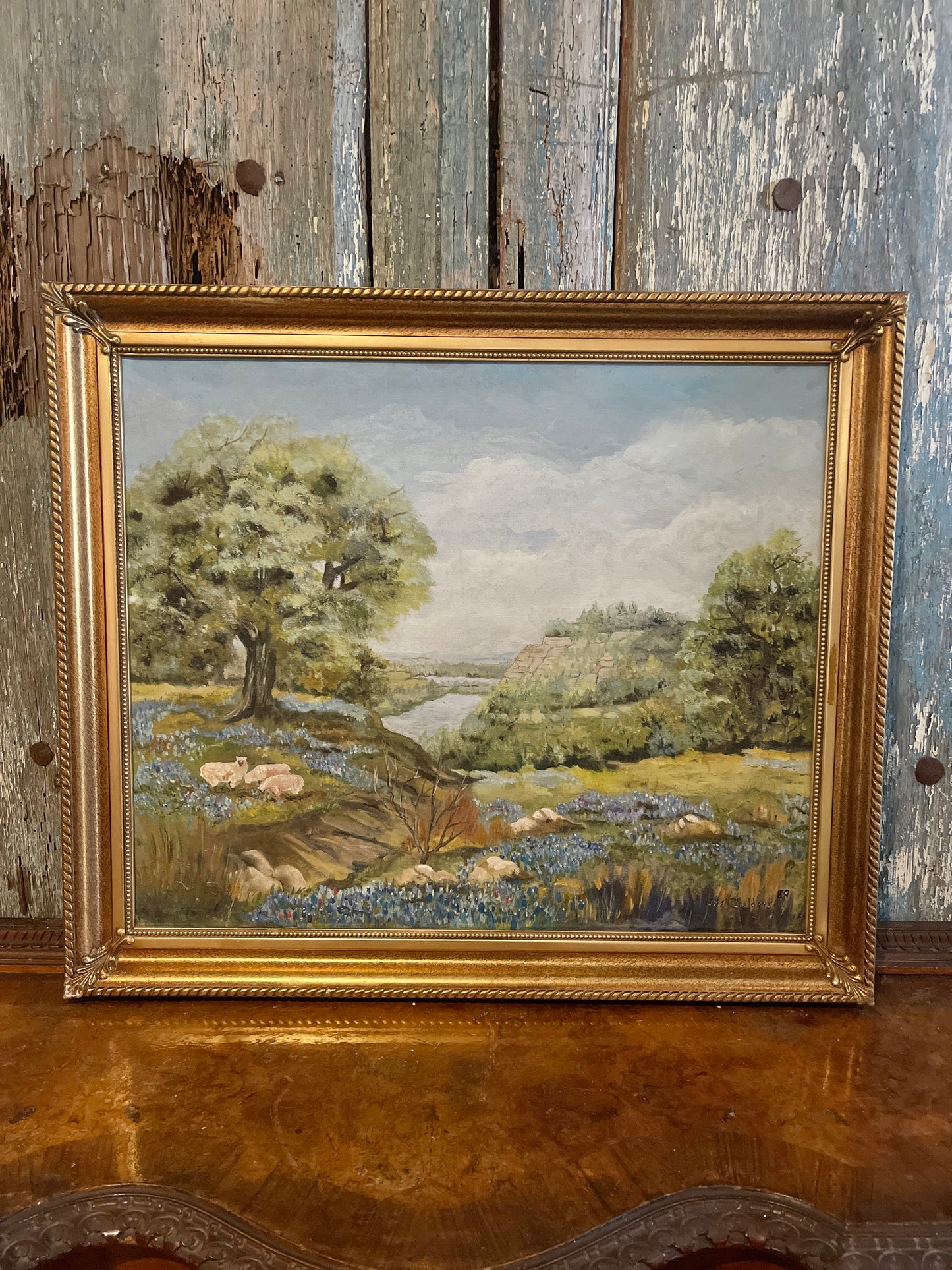 Vintage Texas Hill Country Painting with Bluebonnets and Sheep and Lambs, Artist Signed