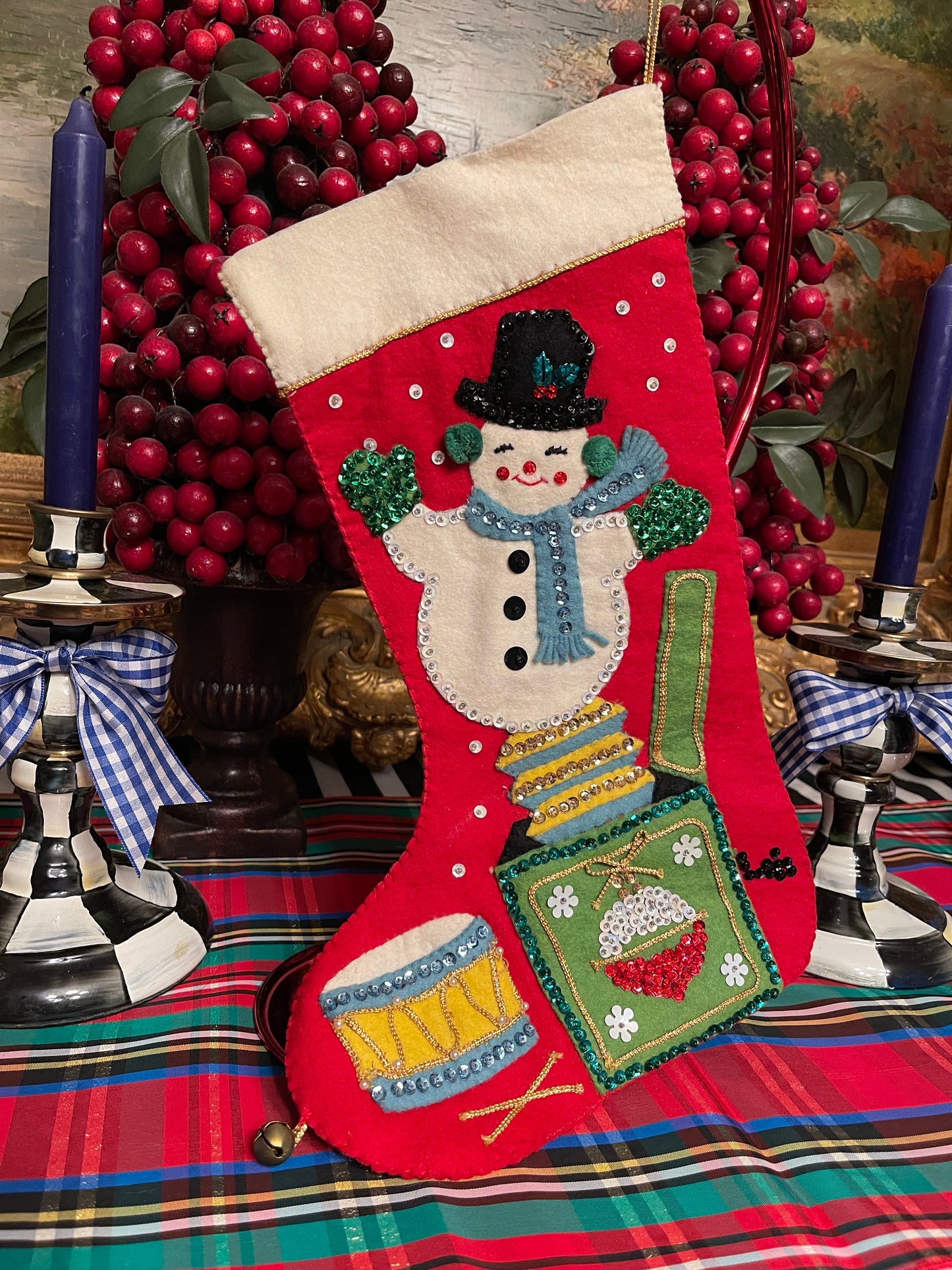 Vintage Felt Christmas Stocking with Snowman, Sequin Detail
