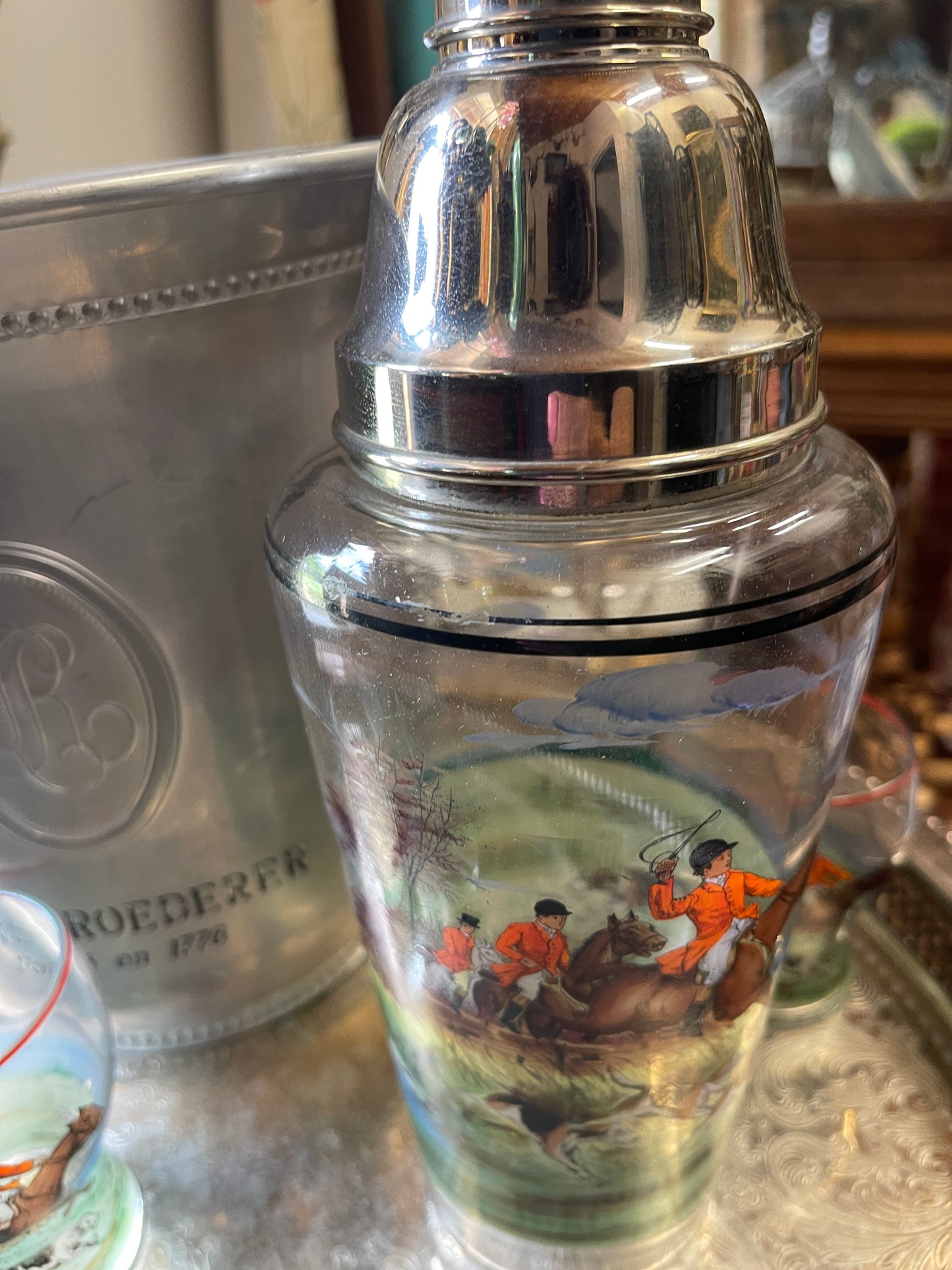Vintage Equestrian Hunt Scene Cocktail Shaker Set with Glasses | Czech / Bohemian