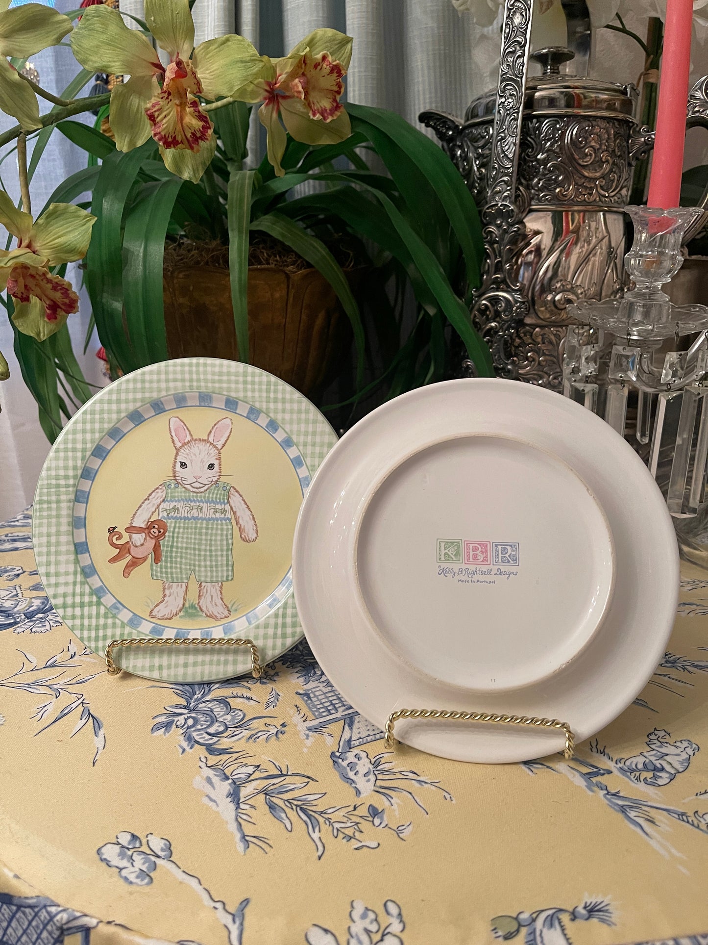 Precious Kelly B Rightsell Bunny in Smocked Romper Plate - Green, Blue and White- Made in Portugal