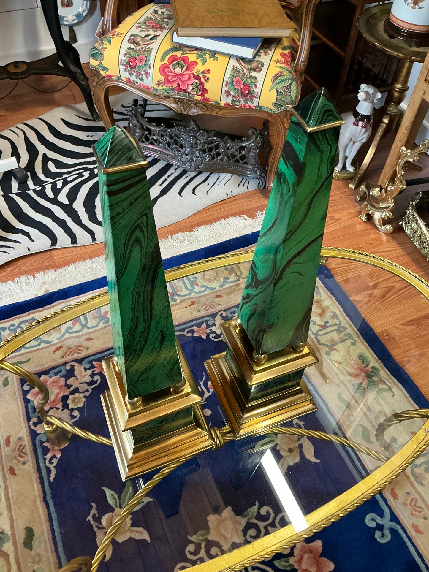 Vintage Faux Malachite and Brass Obelisks Pair