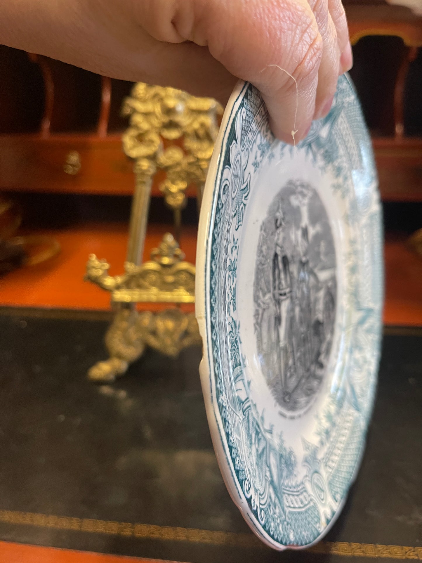 French General Demain Sarreguemines Napoleon - 19th Century Antique French Digoin & Sarreguemines Teal & Black Napoleon Dessert Plate