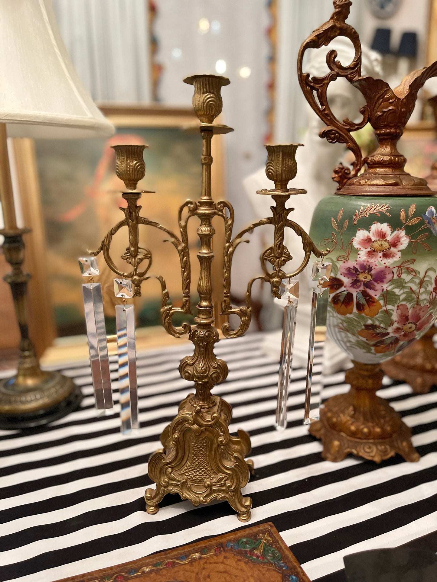 Vintage Ormolu Rococo Candlestick with Rectangular Prisms,