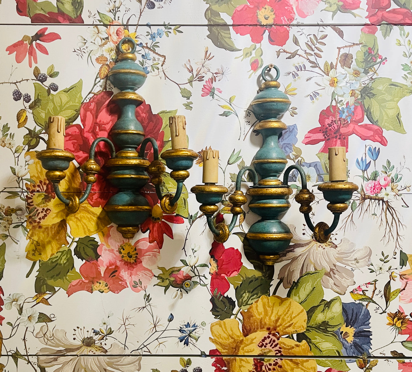 Italian Sconces, Hand Painted with Gilt Accents, Wired, Early 20th Century