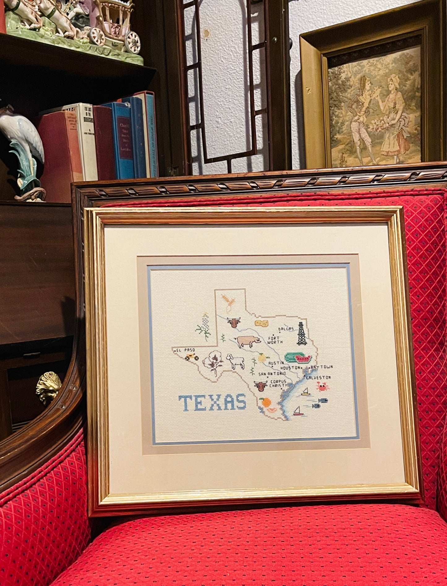 Vintage Hand-Stitched Texas Needlepoint Map | Professionally Triple Matted & Framed