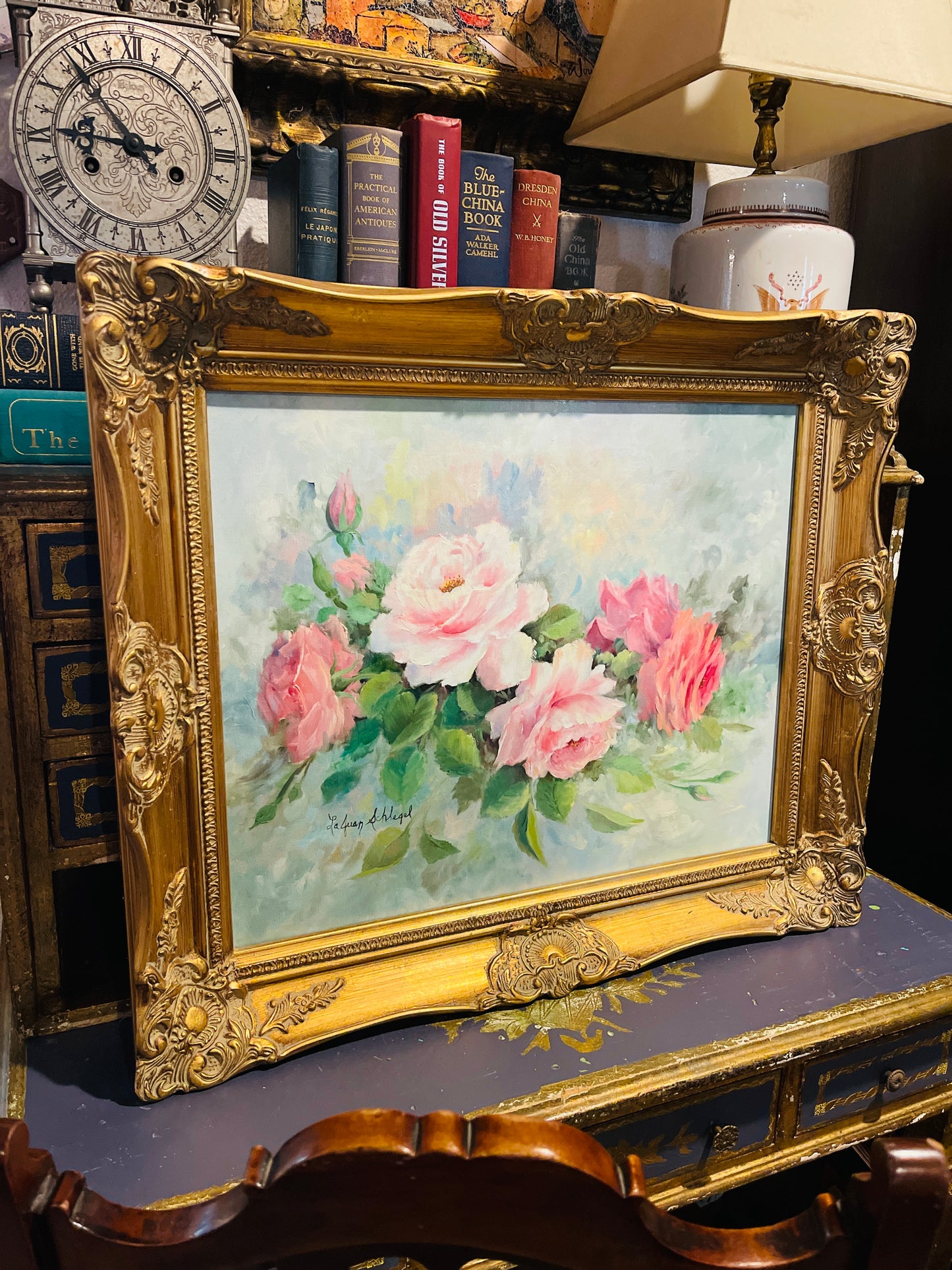 Vintage Rose Painting, Cottage Style, Artist Signed, Ornately Framed
