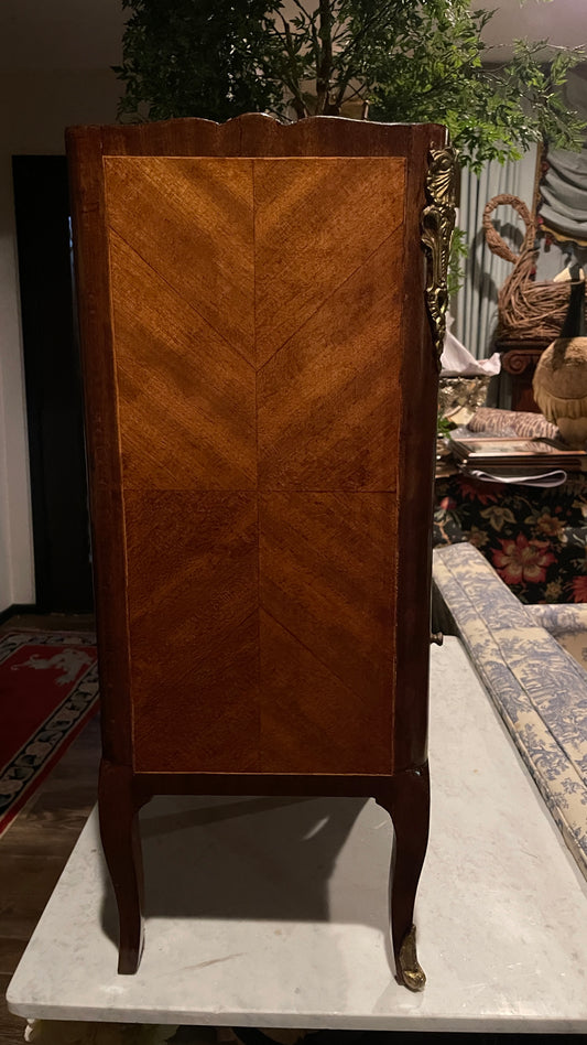 Pair of French Louis XV Style Leather Faux Book Front Bedside Cabinets | Ormolu Mounted Mahogany & Parquetry Side Tables