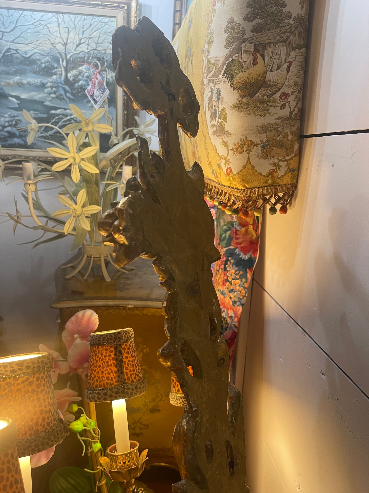 Italian Gilt Wood Wall Sconce, Carved Flowers with Bow, Four Light, Wired