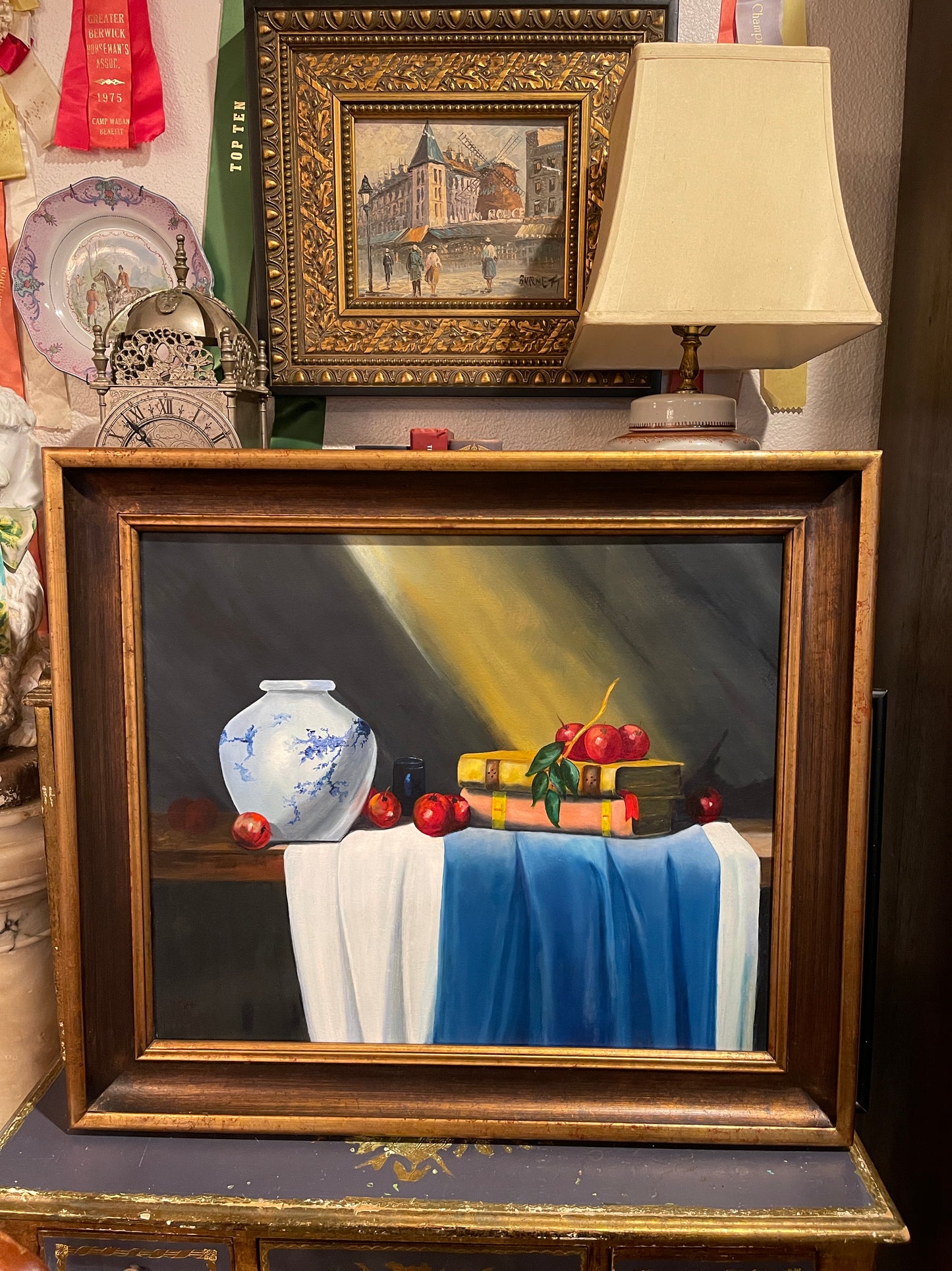 Blue and White Chinoiserie Vase with Books and Fruit Original Painting, Estate Art