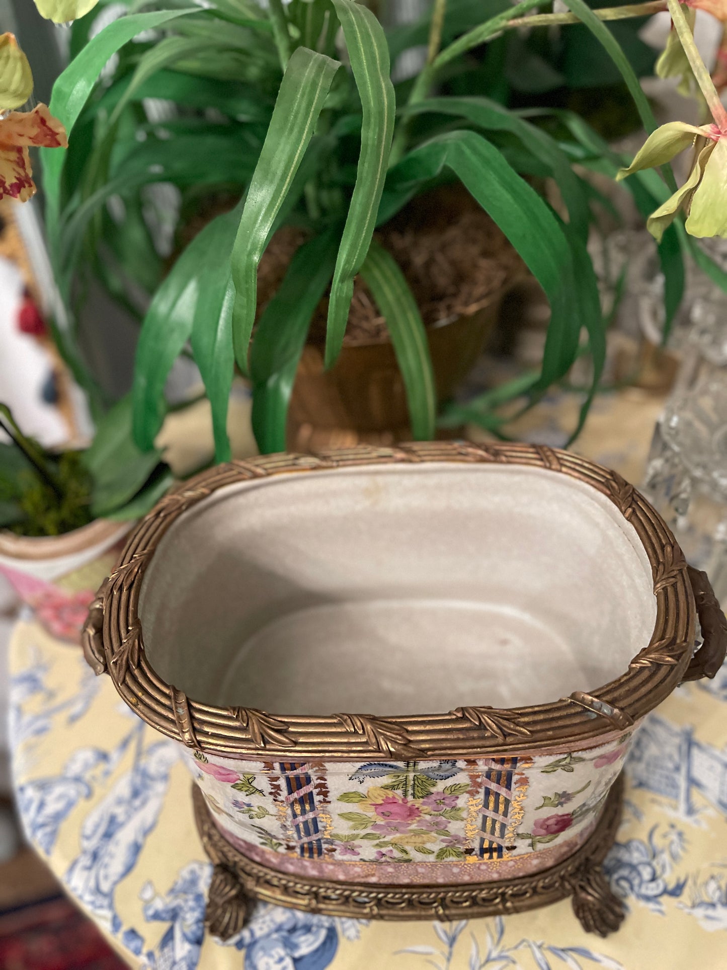 Vintage Floral Porcelain and Ormolu Shell Footed Planter, Blue Bow, Double Handled