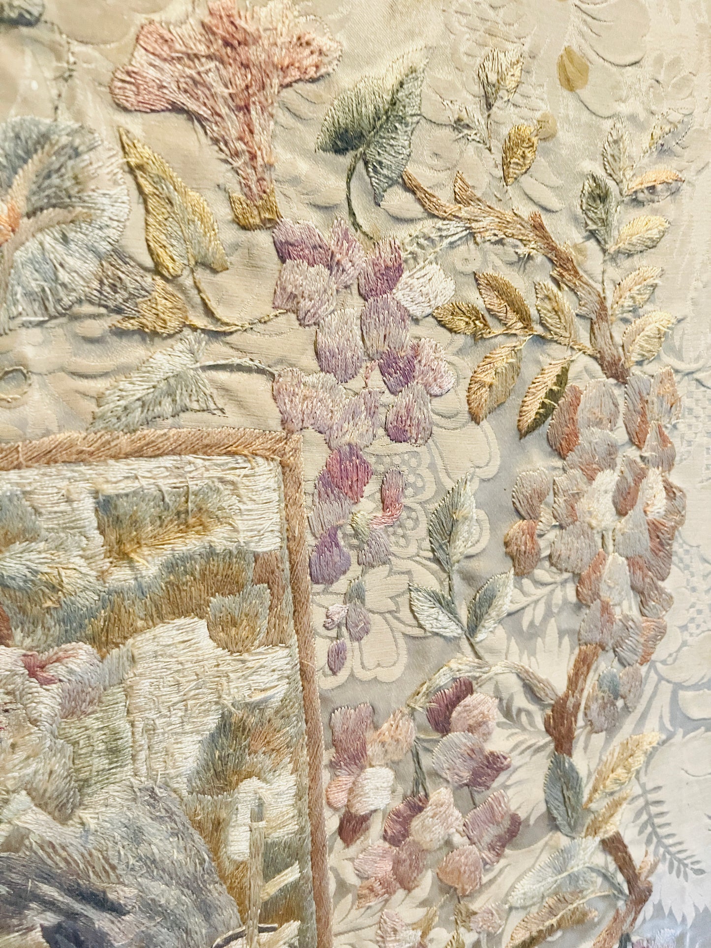 Antique Silk Embroidery in Ornate Gilded Frame – Pastoral Scene with Floral Damask | French Needlework Wall Art