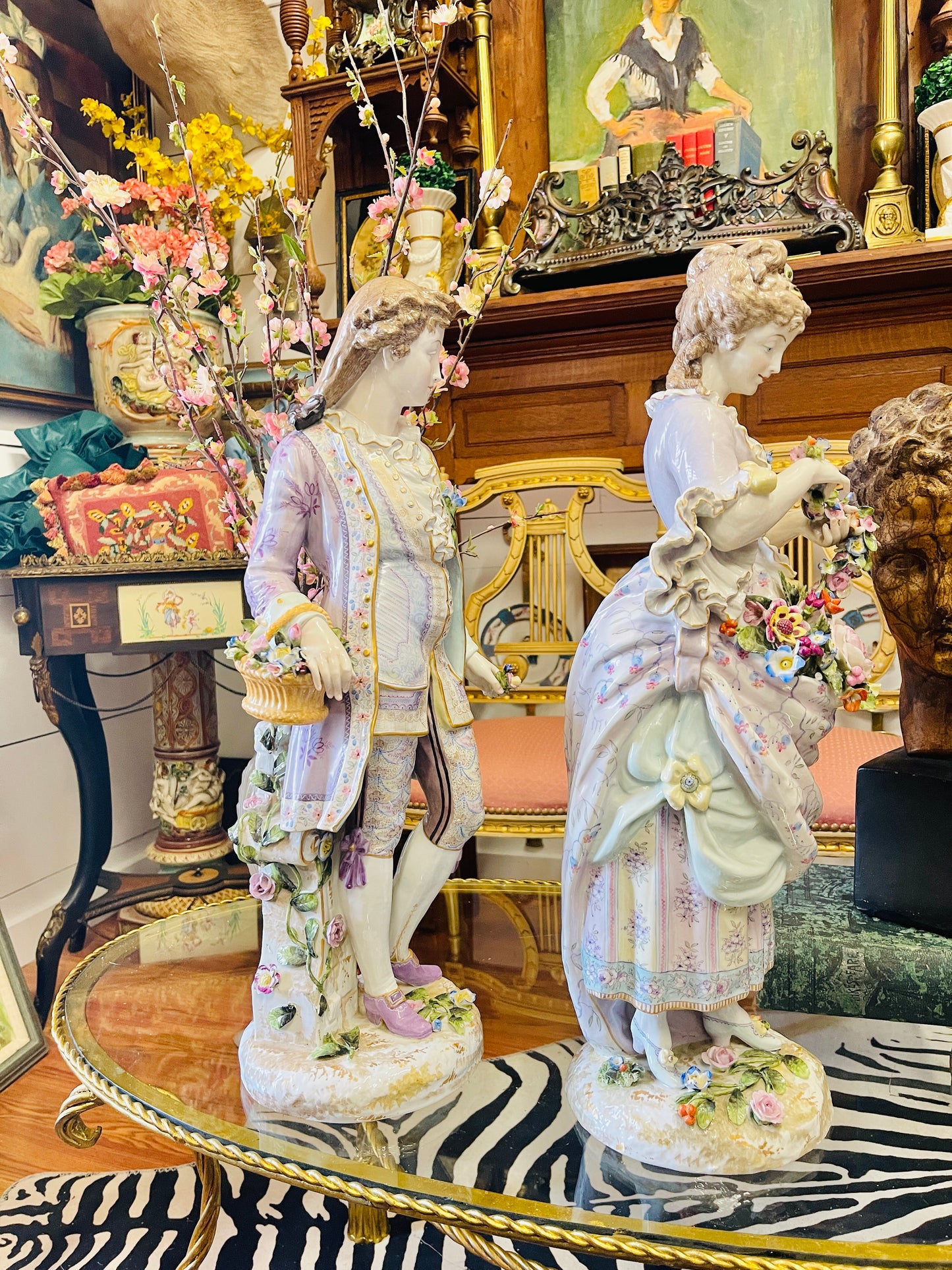 Monumental Pair of Meissen Porcelain Figural Statuettes|Hand-Painted | 24 Inches Tall