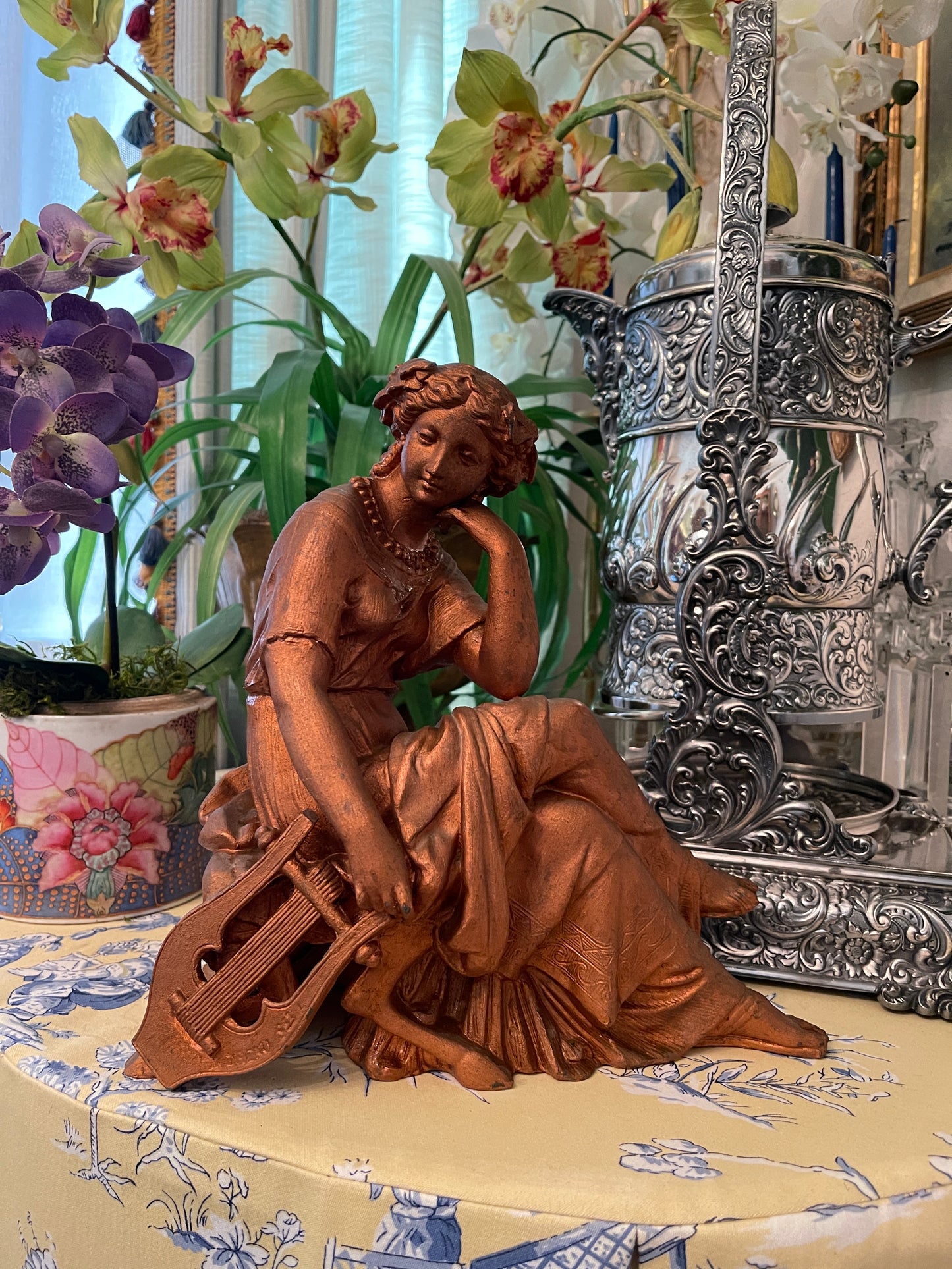 Antique Metal Erato, the Greek Muse of Love Clock Topper, Neoclassical Decor