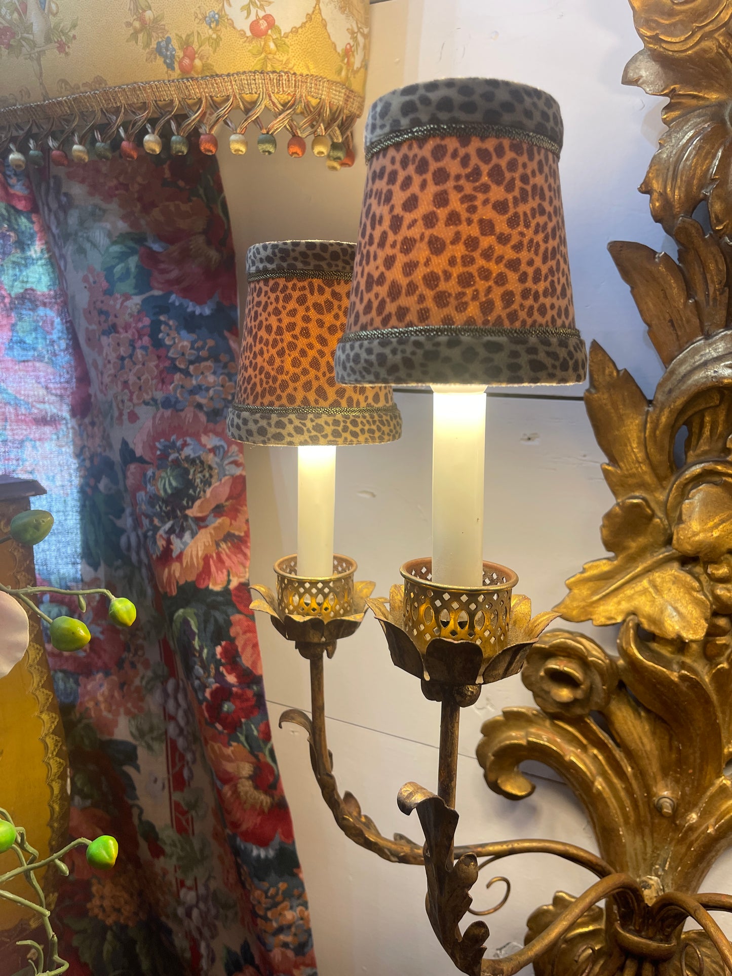 Italian Gilt Wood Wall Sconce, Carved Flowers with Bow, Four Light, Wired
