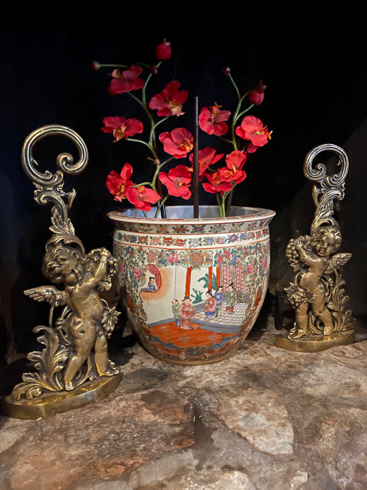 Pair of Vintage Rococo Revival Brass Cupid Putti Andirons | Ornate Cherub Fireplace Accessories | Sourced in Memphis | Heirloom Estate Decor