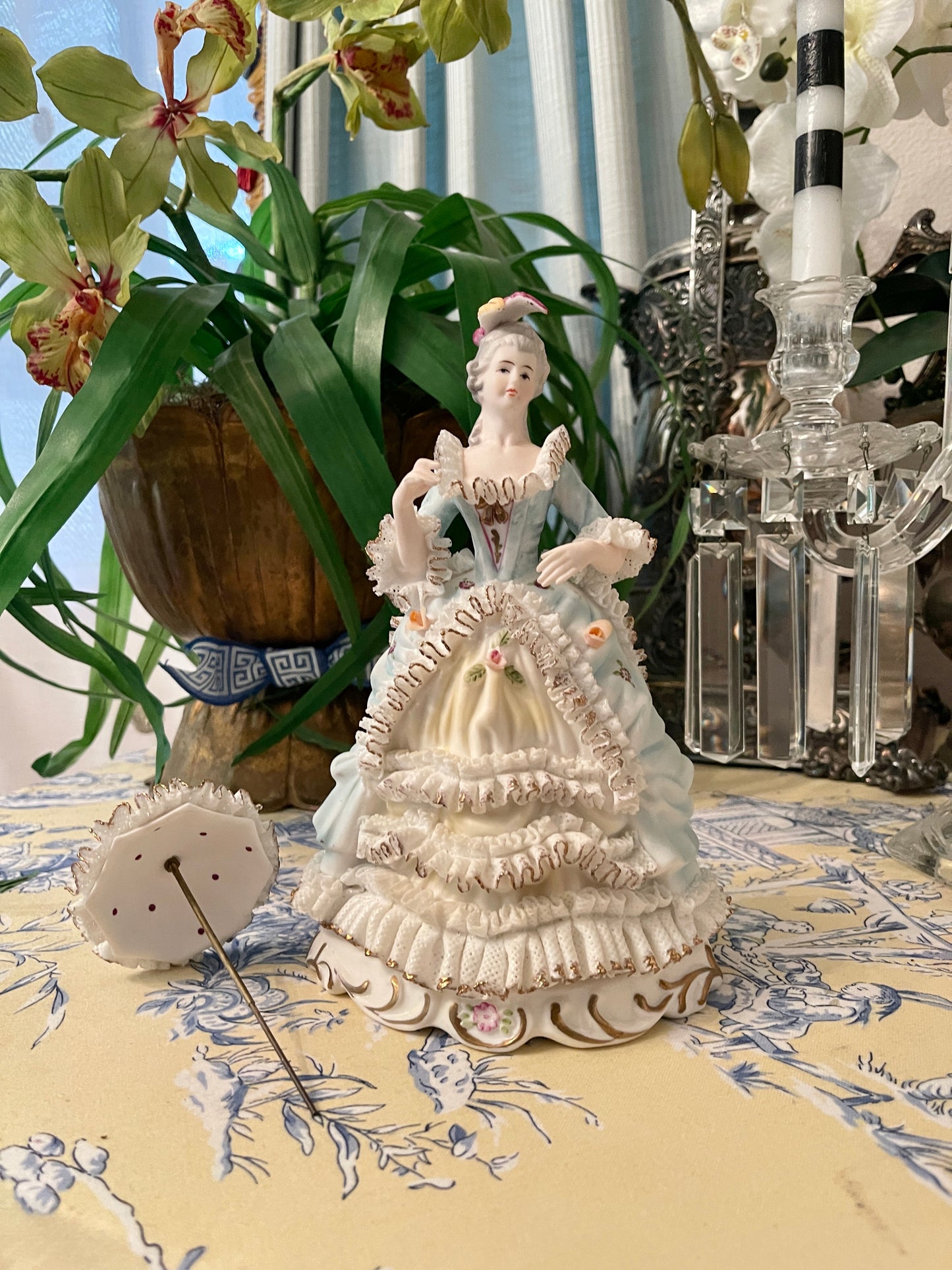 Victorian Statuette with Parasol, French Blue and White Dresden Style Lace Dress with Applied Porcelain Flowers