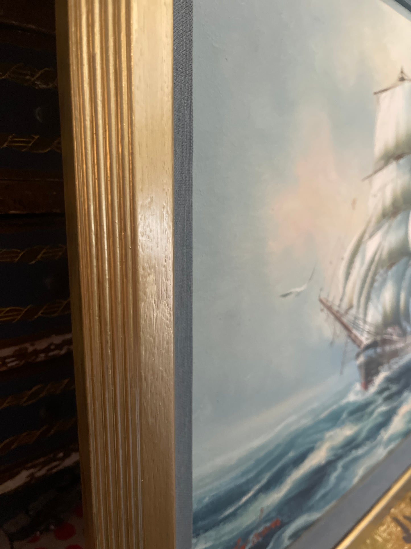 Vintage Nautical Clipper Ship Painting | Estate Art |Framed Oil on Canvas of Tall Sailing Ship at Sea
