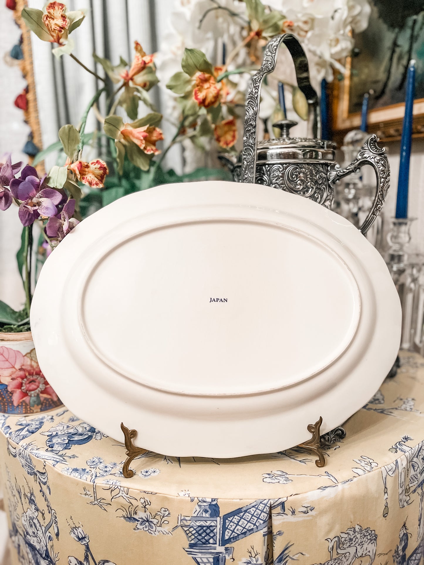 Vintage Blue and White Turkey Platter, Made in Japan, Large
