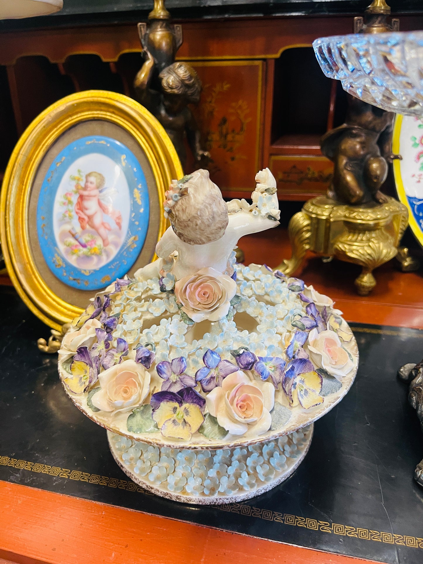 Vintage Hobe Dresden Porcelain Flower Frog with Cherub & Hand-Applied Florals, Imported by Neiman Marcus, ca. 1950s