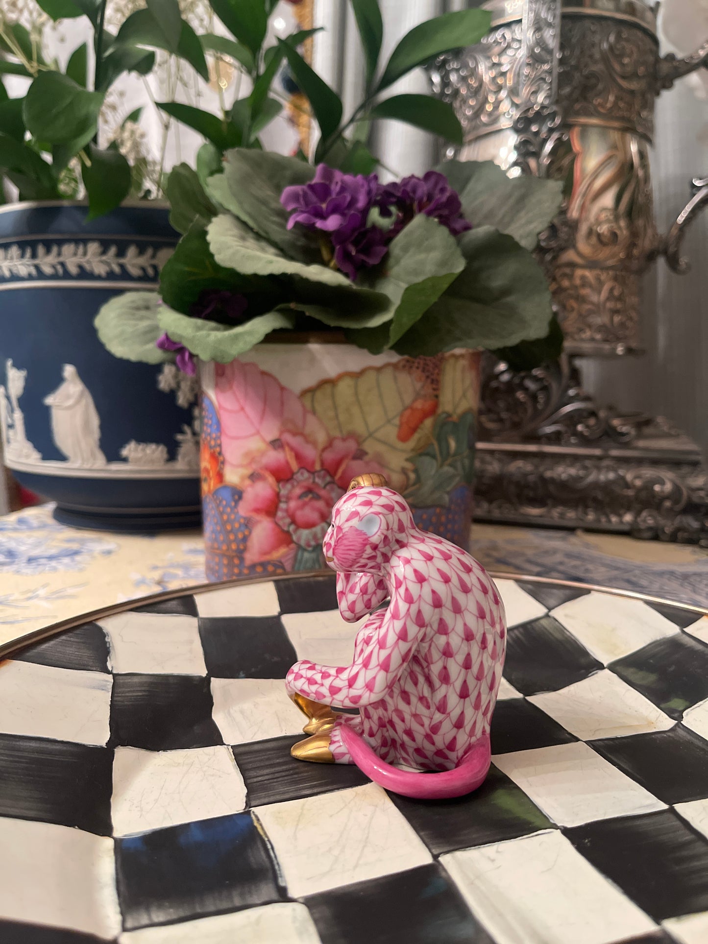 Herend Scratching Monkey In Raspberry Fishnet with 24 kt Gold Accents