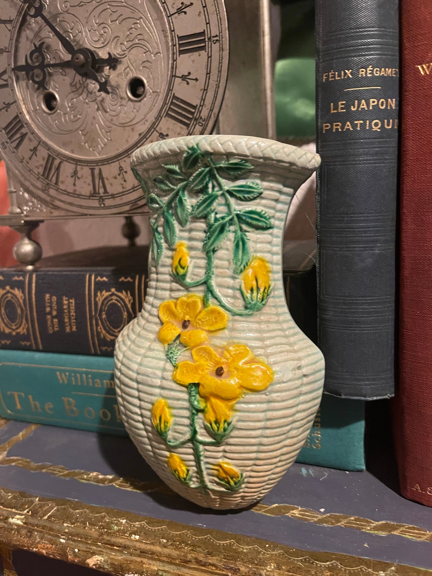 Vintage Chinoiserie ‘Rattan Basket’ Wall Pocket with Yellow Flowers and Green Vines and Leaves, Made in Japan