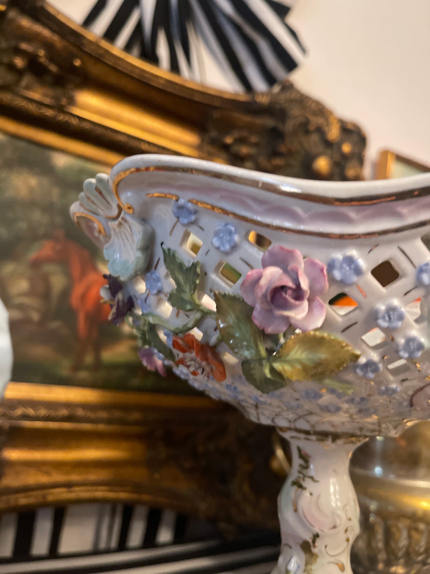 Antique Dresden Footed Reticulated Baroque Compote, Hand Painted Pink Bows and Applied Flowers