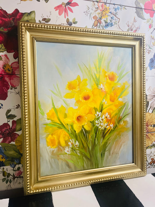 Daffodils and Paperwhites Oil Painting, Original Estate Art, Vintage, Artist Signed