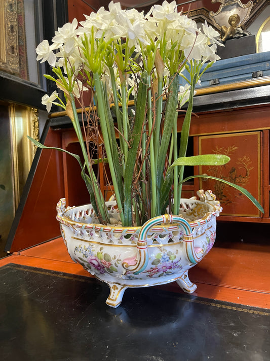 Vintage Meissen Footed Jardinière Bowl | Marked | Hand-Painted Floral Bouquets and Bow with Gilt Detail