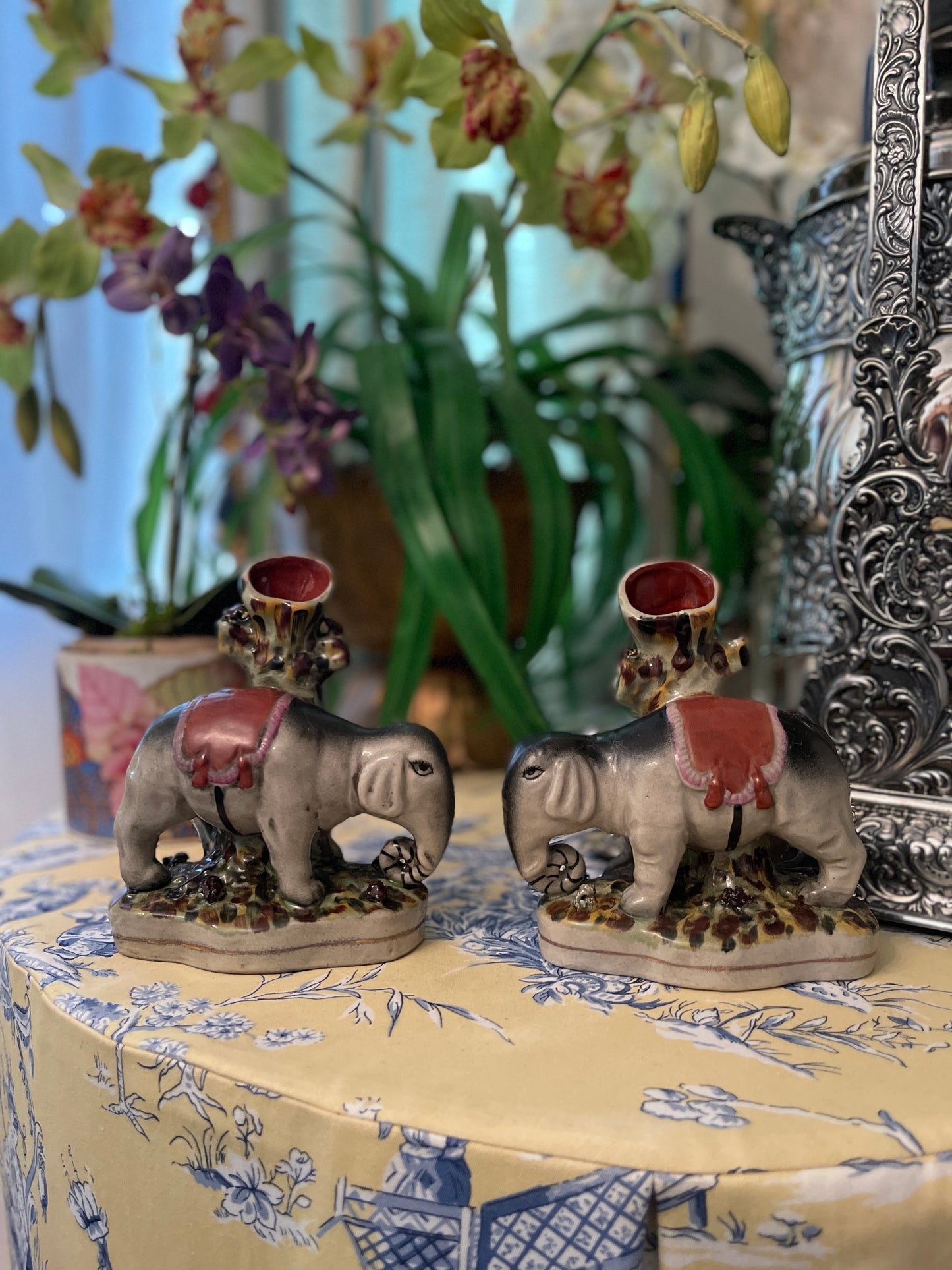 Pair of Staffordshire Style Elephant Spill Vases, Mirrored Pair, Vintage