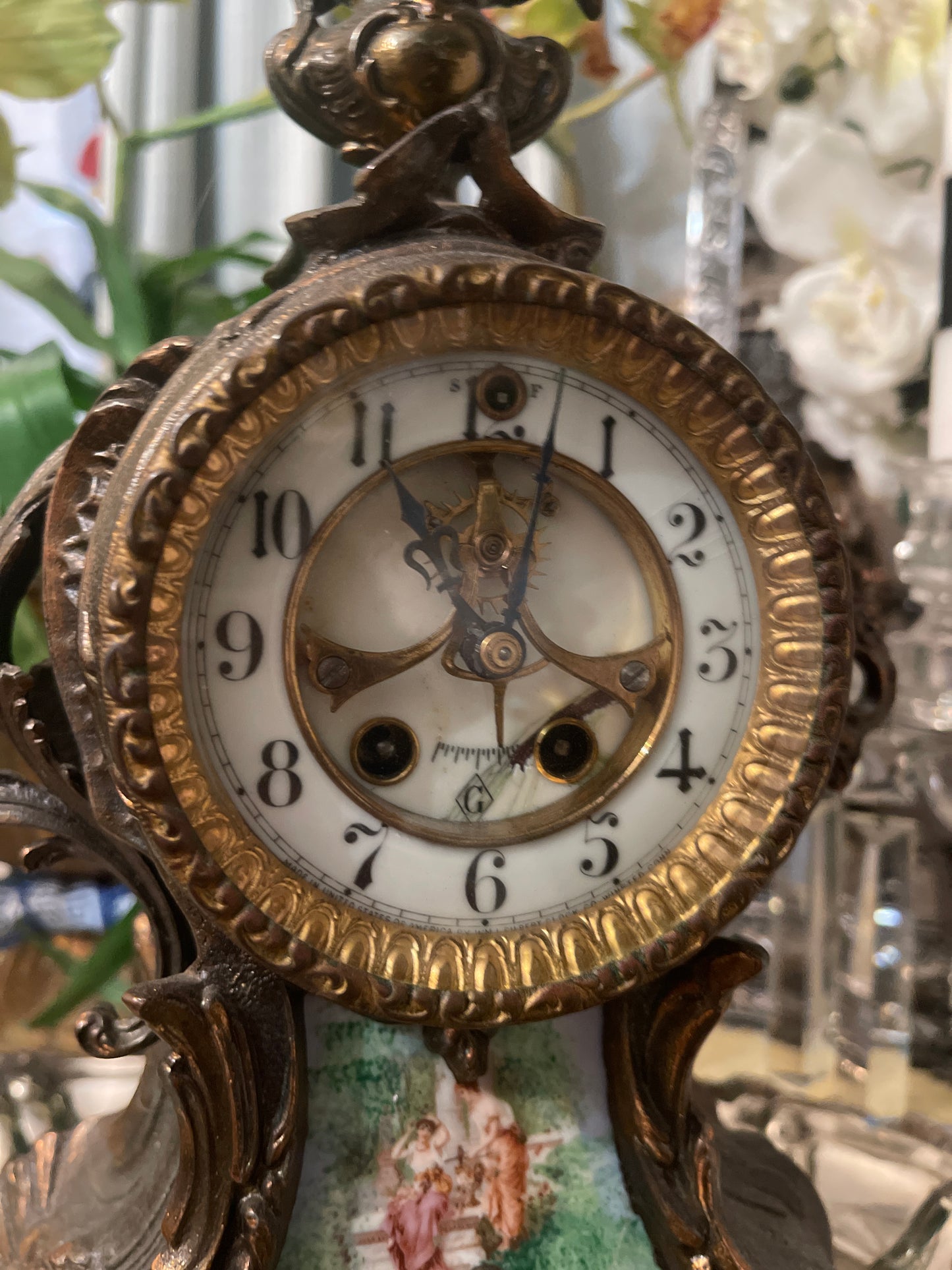 Antique French Ormolu Bronze Mantel Clock with Hand Painted Porcelain Adornment