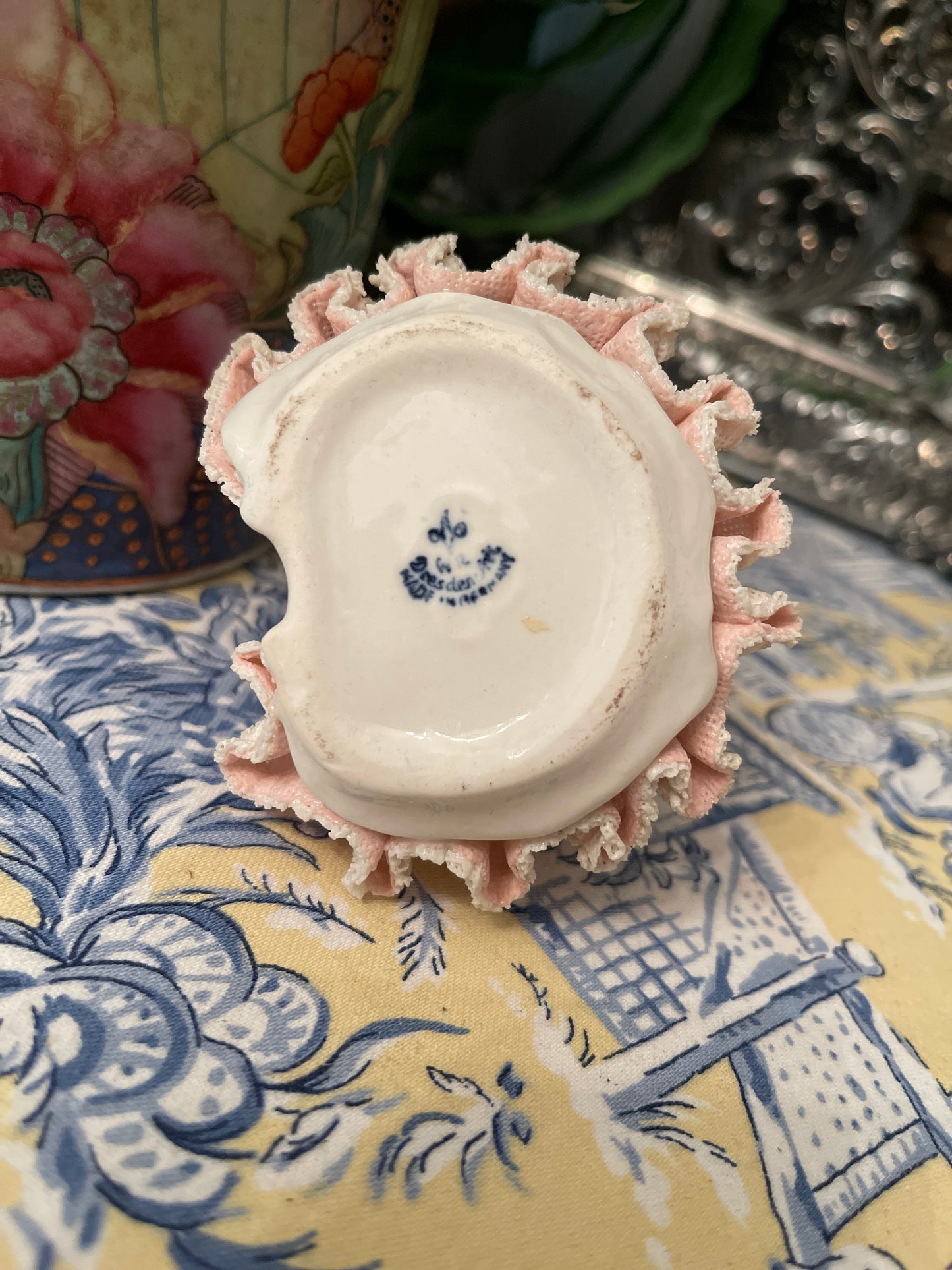Dresden Figurine Dressed in Pink and White, Vintage Shelf Decor