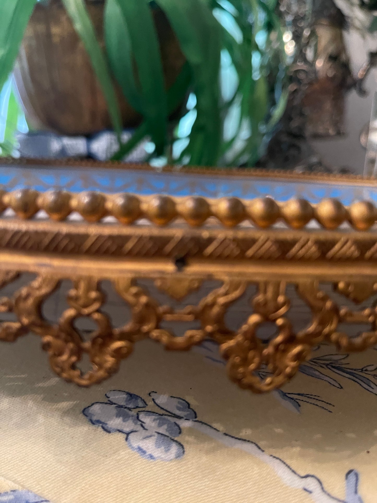 XLARGE French Porcelain Sevres Style Tray with Gilded Tole Trim, Pastoral Courting Scene in the style of Boucher