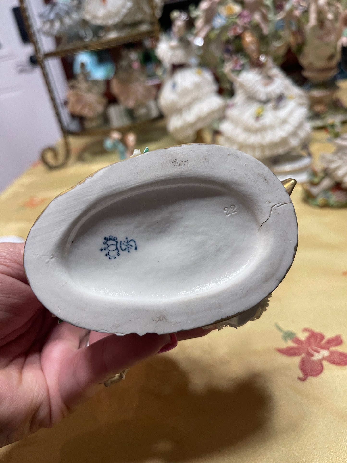 Vintage German Porcelain Dresden-Style Lace Playing Girl Figurine with Bow