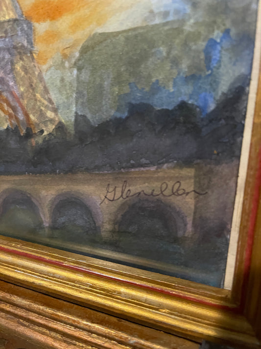 Vintage Framed Eiffel Tower Watercolor, Signed | Parisian Landscape Behind Glass