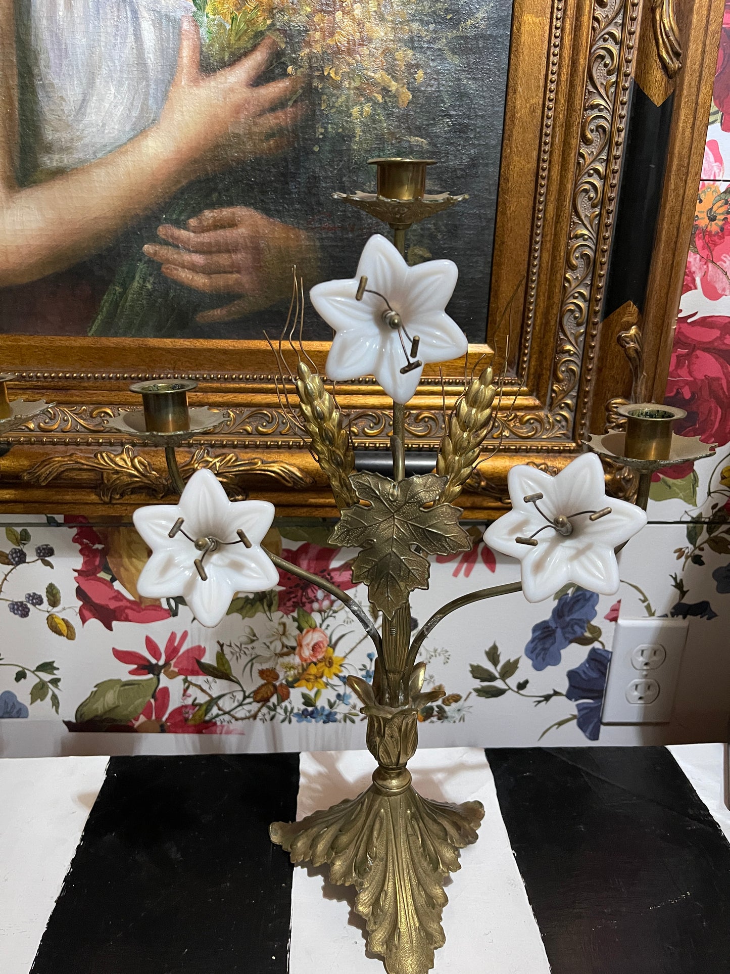Pair of Antique French Brass Altar Candelabras with Milk Glass Lilies & Wheat Sheaves – Ecclesiastical Candle Holders