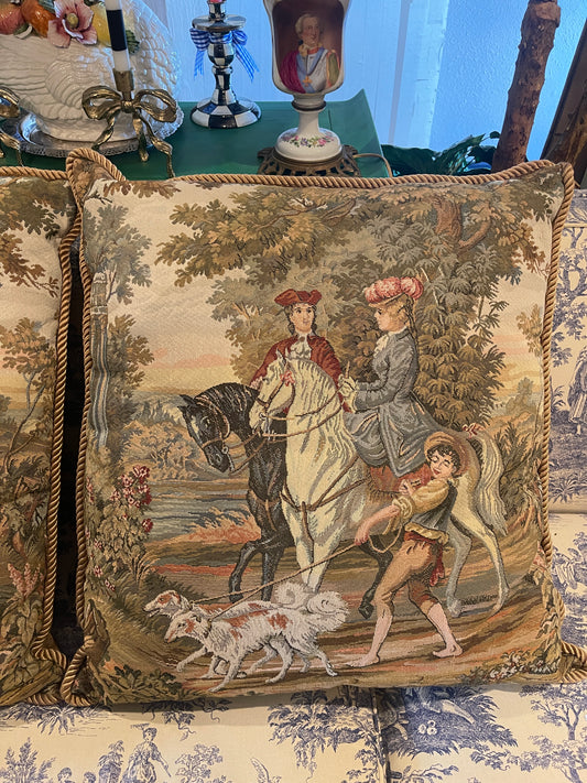 XL French Aubusson Tapestry Pillow — “The Equestrian Promenade” Round Top Find | early 20th Century French Elegance | A Scene of Horses, Hounds & High Romance